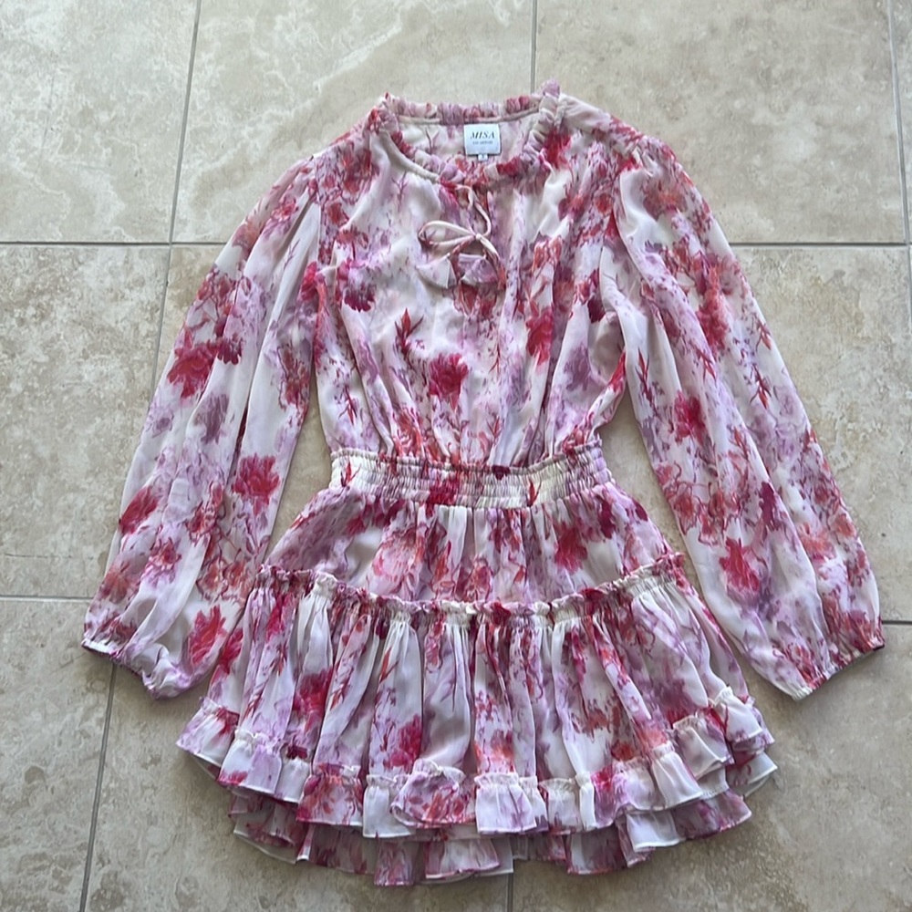 Misa Los Angeles mini dress size S. White, pink, red, lavender floral print.